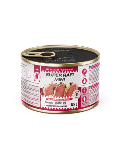 SUPER RAFI Mini borjúhússal és libaszívvel 185g nedves táplálék kisméretű kutyák számára