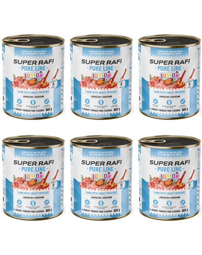 SUPER RAFI Pure Line Junior jagnięcina z batatami 6x800g mokra karma dla szczeniąt i młodych psów