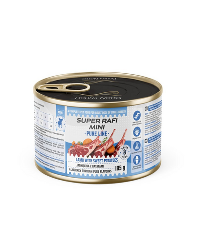 SUPER RAFI Mini Pure Line bárányhússal és édesburgonyával 185g nedves táplálék kisméretű kutyák számára