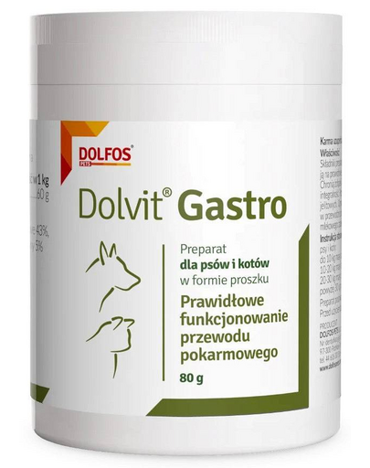 DOLFOS Dolvit Gastro 80g Preparat a megfelelő emésztőrendszer működéséhez kutyák és macskák számára