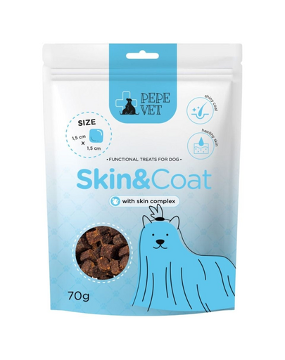 PAKA ZWIERZAKA PEPE Vet Funkcionális jutalomfalatok Skin Coat 70g jutalomfalatok a bőr és a szőrzet támogatására kutyák számára
