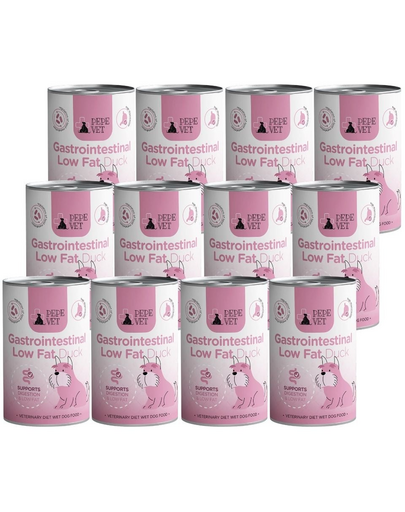 PAKA ZWIERZAKA PEPE Vet Gastrointestinal Low Fat Duck 12x400 g nedves táplálék kutyáknak, amely támogatja az emésztőrendszert