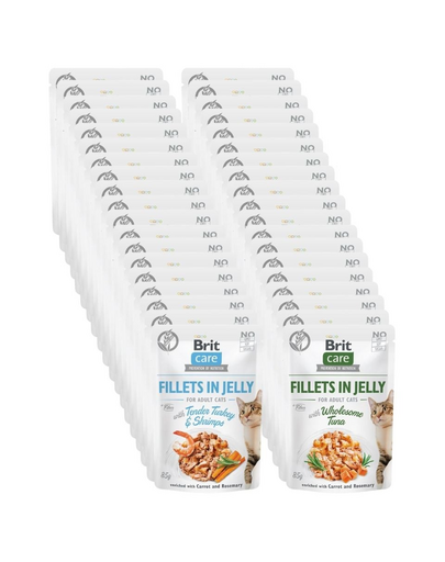 BRIT Care Fillets in Jelly Mix ízek 48 x 85 g pulyka és garnéla, tonhal macskának