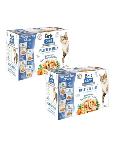 BRIT Care Fillets in Jelly Cat 24x85g pulyka és garnéla, pisztráng és tőkehal, csirke sajttal és tonhal zselében macskáknak