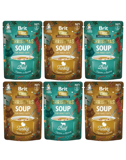BRIT Care Cat Christmas Soup Mix ízek 6x75g marhahúsos és zöldséges, pulykás és zöldséges macskáknak