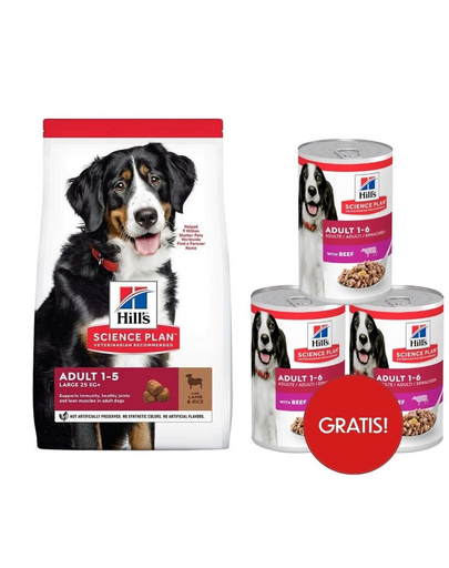 HILL'S Science Plan Canine Adult Large Breed Lamb&Rice kutyaeledel nagytestű kutyáknak bárányhússal és rizzsel 14 kg + 3 db HILL'S nedves eledel konzerv AJÁNDÉK