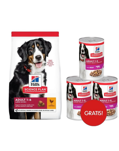 HILL'S Science Plan Canine Adult Large breed Chicken 18 kg kutyaeledel nagytestű fajták számára csirke + 3 db HILL'S nedves kutyaeledel konzerv AJÁNDÉK