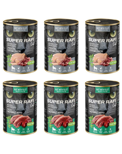 SUPER RAFI Cat Mix 2 Íz 6x400g nedves táplálék ivartalanított macskák számára