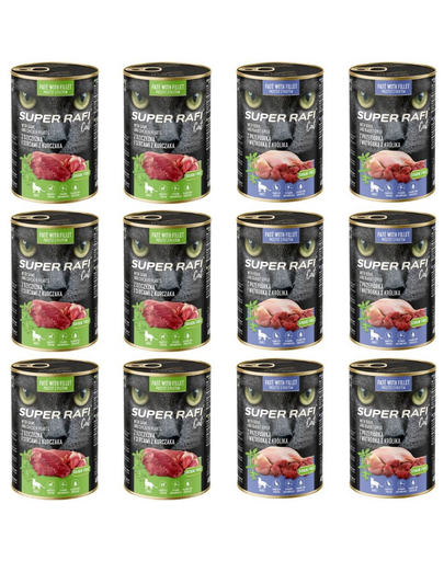 SUPER RAFI Cat Mix 2 íz 12x400g nedves macskaeledel