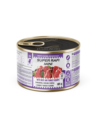 SUPER RAFI Mini marhahússal és pulykaszívekkel 185g nedves táplálék kisméretű kutyák számára