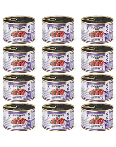 SUPER RAFI Mini marhahússal és pulykaszívekkel 12x185g nedves eledel kisméretű kutyák számára