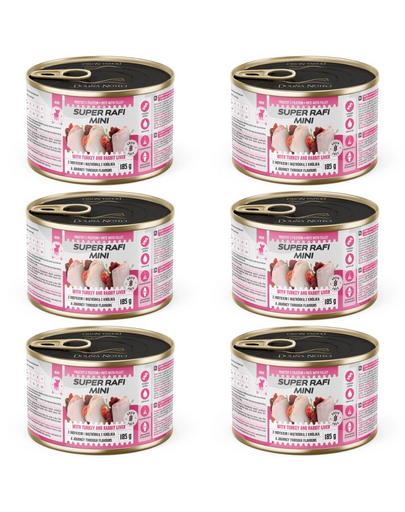 SUPER RAFI Mini pulykával és nyúlmájjal 6x185g nedves táplálék kisméretű kutyáknak