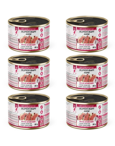 SUPER RAFI Mini borjúhússal és libaszívvel 6x185g nedves táplálék kisméretű kutyáknak