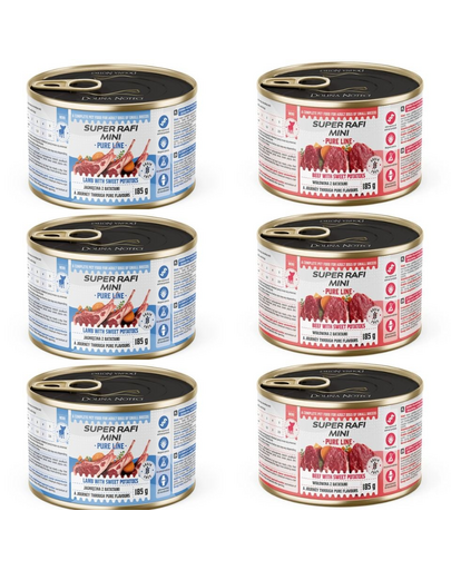 SUPER RAFI Mini Pure Line mix 2 smaków z batatami 6x185g mokra karma dla psów małych ras