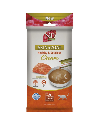 FARMINA N&D Quinoa Cat Skin Coat Cream Salmon 60 g lazacos, krémes jutalom macskáknak, amely támogatja a bőr és a szőr egészségét