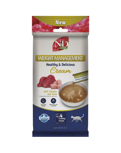 FARMINA N&D Quinoa Cat Weight Management Cream Chicken and Tuna 60 g csirkével és tonhallal, krémes finomság túlsúlyos macskák számára