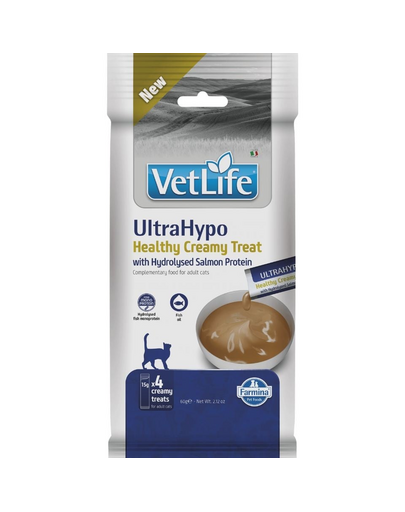 FARMINA Vet Life Cat UltraHypo Creamy 60 g laz hipoallergén lazacsból készült hidrolizált fehérjével, krémes finomság érzékeny emésztésű macskák számára