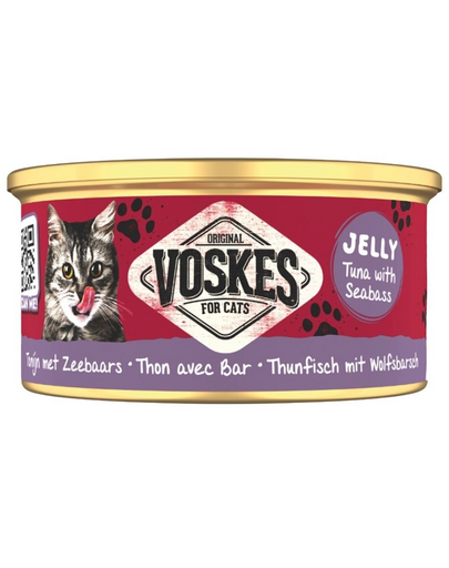 VOSKES Jelly Tuna with Seabass 85 g tonhal tengeri sügérrel zselében, kiegészítő táplálék macskáknak