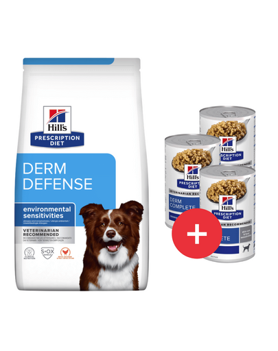 HILL'S Prescription Diet Canine Derm Defense 12 kg allergiás kutyák számára + 3 konzerv ingyen