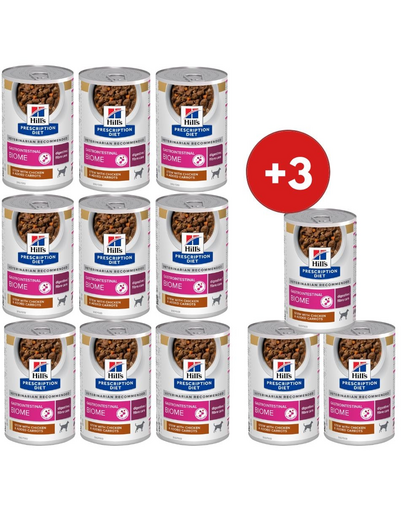 HILL'S Prescription Diet Canine Gastrointestinal Biome Digestive Care Stew z kurczakiem i marchewką 9x354 g + 3 puszki GRATIS!
