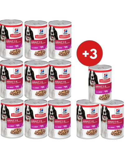 HILL'S Science Plan Canine Adult Beef 9x370 g dla dorosłych psów z wołowiną + 3 puszki GRATIS!