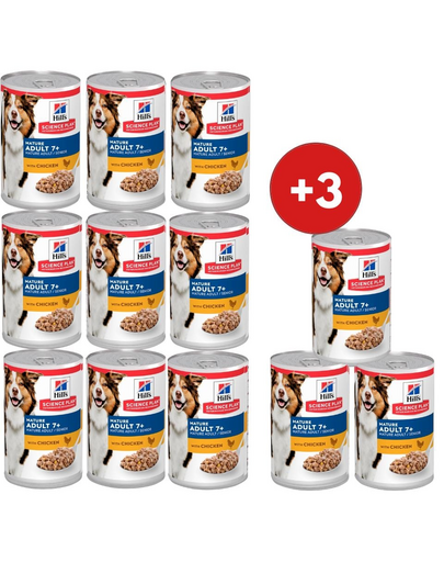 HILL'S Science Plan Canine Mature Adult Chicken 9x370 g dla starszych psów z kurczakiem + 3 puszki GRATIS!