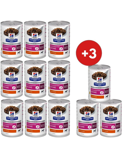 HILL'S Prescription Diet Gastrointestinal Biome 9x370g mokra karma dla psów z kurczakiem + 3 puszki GRATIS!
