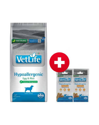 FARMINA Vet Life Hypoallergenic Egg & Rice kutya 12 kg + 2x FARMINA Vet Life Dental Treat Hypoallergenic Fish Mini 60 g (7 db) AJÁNDÉK!