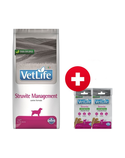 FARMINA Vet Life Struvite Management 12 kg kutyatáp húgyúti betegségben szenvedő kutyáknak + 2x FARMINA Vet Life Dental Treat Struvite Mini 60 g (7 db) AJÁNDÉK!