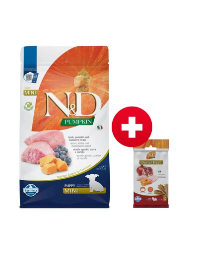 FARMINA N&D GF Pumpkin Lamb & Blueberry Puppy Mini 2.5 kg + FARMINA N&D Pumpkin Dental Treat Chicken Pomegranate Mini 60 g (7 db) AJÁNDÉK!