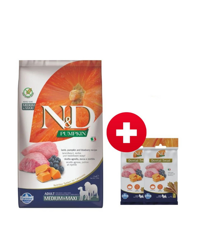 FARMINA N&D Pumpkin lamb&blueberry Adult Medium Maxi 12 kg + 3 x FARMINA N&D Pumpkin Dental Treat Lamb Blueberry Mini 60 g (7 db) AJÁNDÉK!