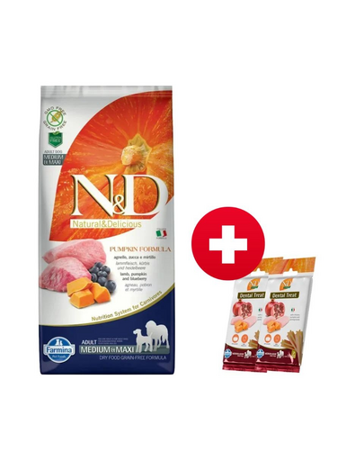 FARMINA N&D Pumpkin lamb&blueberry Adult Medium Maxi 12 kg + 3 x FARMINA N&D Pumpkin Dental Treat Chicken Pomegranate Medium/Maxi 100 g (7 db) AJÁNDÉK!