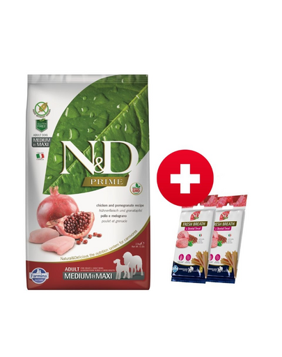 FARMINA N&D Prime kutya Felnőtt Közepes és Nagy csirke és gránátalma 12 kg + 2x FARMINA N&D Quinoa Fogápoló Finomság Friss lehelet Közepes/Nagy 100 g (7 db) AJÁNDÉK!