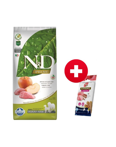 FARMINA N&D Boar & Apple Adult Medium & Maxi 2,5 kg+ FARMINA N&D Quinoa Dental Treat Flatulence Medium/Maxi 100 g (7 db.) INGYEN!