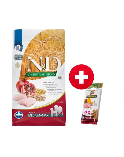 FARMINA N&D Ancestral Grain kutya Felnőtt Közepes és Nagy Csirke és Gránátalma 2,5 kg + FARMINA N&D Tropical Selection Dental Treat Csirke Közepes/Nagy 100 g (7 db) INGYEN!
