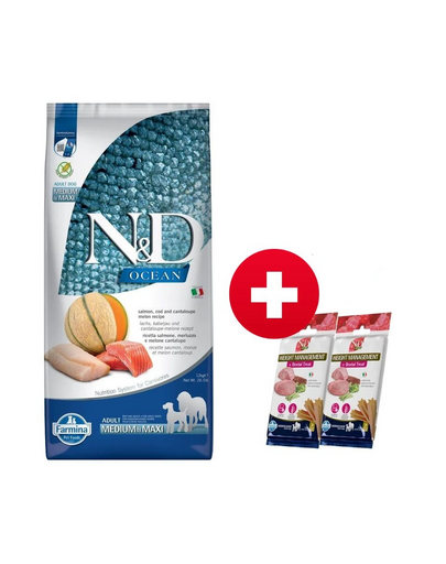 FARMINA N&D Ocean Dog Adult Medium & Maxi 12 kg +2 x FARMINA N&D Quinoa Dental Treat Weight management Medium/Maxi  INGYEN!