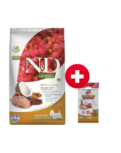 FARMINA N&D Quinoa Dog Skin&Coat Adult Mini quail, coconut 2.5 kg + FARMINA N&D Quinoa Dental Treat Skin Coat Quail Mini 60 g INGYEN!
