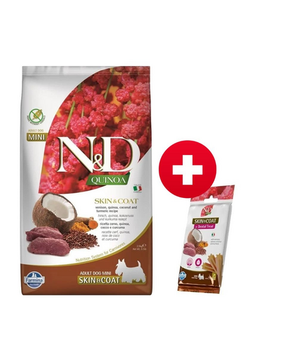 FARMINA N&D Quinoa Dog Skin&Coat Adult Mini venison, coconut 2.5 kg + FARMINA N&D Quinoa Dental Treat Skin Coat Venison Mini 60 g INGYEN!