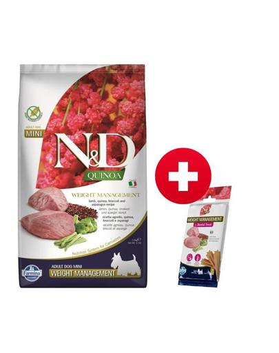 FARMINA N&D Quinoa Dog Adult Mini Weight Management 2.5 kg + FARMINA N&D Quinoa Dental Treat Weight management Mini 60 g (7 db.) INGYEN!