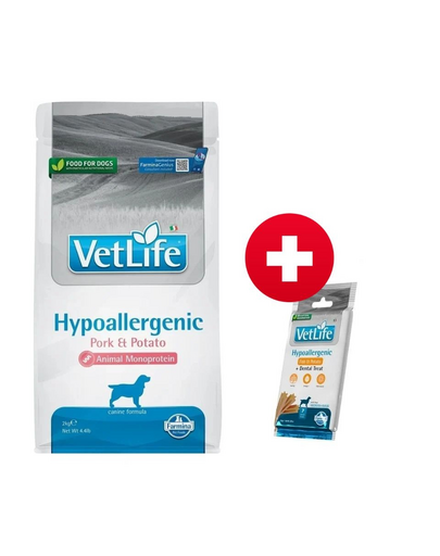 FARMINA VetLife Hypoallergenic Adult Pork diétás kutyatáp 2 kg + FARMINA Vet Life Dental Treat Hypoallergenic Fish Medium/Maxi 100 g (7 db) AJÁNDÉK!