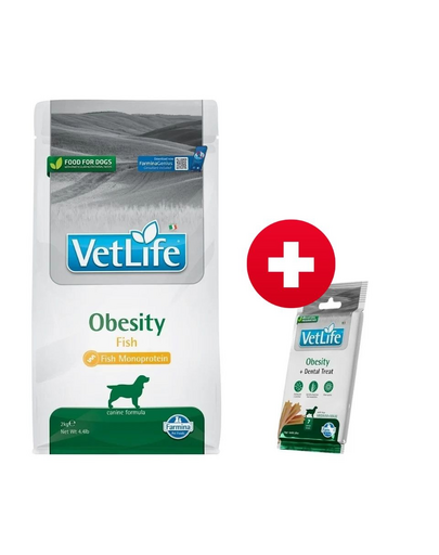 FARMINA Vet Life Obesity Fish felnőtt kutyák számára 2 kg + FARMINA Vet Life Dental Treat Obesity Medium/Maxi 100 g (7 db) AJÁNDÉK!