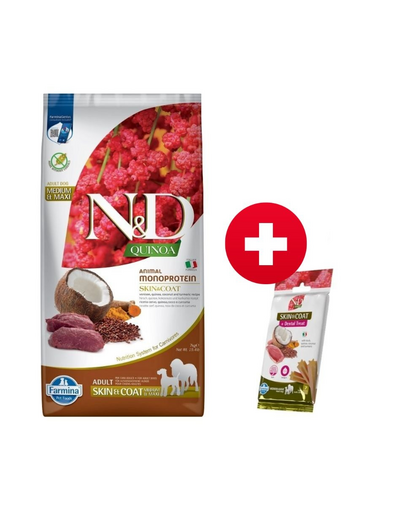FARMINA N&D Quinoa Dog Adult Medium&Maxi Skin&Coat Venison & Coconut 7 kg + FARMINA N&D Quinoa Dental Treat Skin Coat Duck Medium/Maxi 100 g (7 db.) INGYEN!