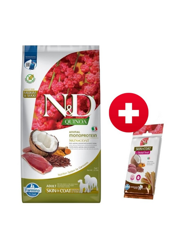 FARMINA N&D Quinoa Dog Skin&Coat Duck&Coconut Adult Medium&Maxi 7 kg + FARMINA N&D Quinoa Dental Treat Skin Coat Venison Medium/Maxi 100 g (7 db.) INGYEN!