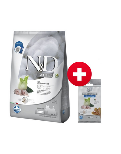 FARMINA N&D White Dog Adult Mini Tőkehal, Spirulina, Édeskömény 5 kg + FARMINA N&D White Dental Treat Coat Tőkehal Mini 60 g (7 db) AJÁNDÉK!