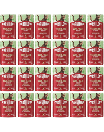 CARNILOVE Cat Pouch Gravy Quail Sterilised 24x85 g filetek fürjjel és gyermekláncfűvel, nedves eledel szószban sterilizált macskák számára