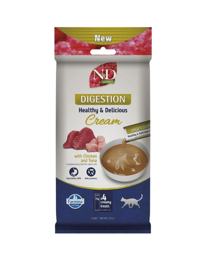 FARMINA N&D Quinoa Cat Digestion Cream Chicken and Tuna 60 g csirkével és tonhallal, krémes finomság macskák számára érzékeny emésztéssel