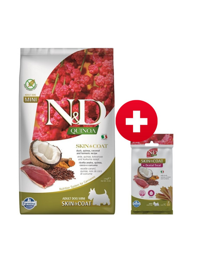 FARMINA N&D Quinoa Mini Skin and Coat 2,5 kg kacsával és kókuszdióval + FARMINA N&D Quinoa Dental Treat Skin Coat Duck Mini 60 g AJÁNDÉK!