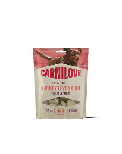 CARNILOVE Dog Freeze Dried Turkey and Venison 60g liofilizált pulyka és vadhús jutalomfalatok kutyáknak