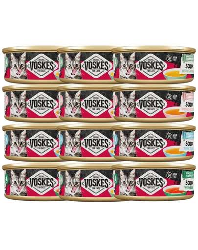 VOSKES Soup Mix ízek 12x50 g marhahúsos, csirkés, lazacos és tonhalas leves macskák számára