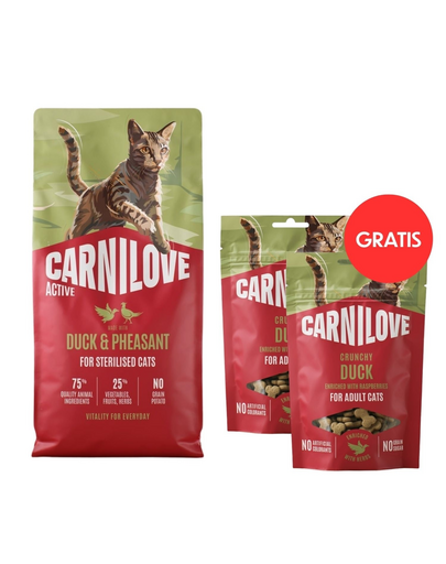 CARNILOVE Active Cat Duck and Pheasant Sterilised 6 kg dla kotów sterylizowanych + CARNILOVE Crunchy Snack Cat Duck 2x50 g GRATIS